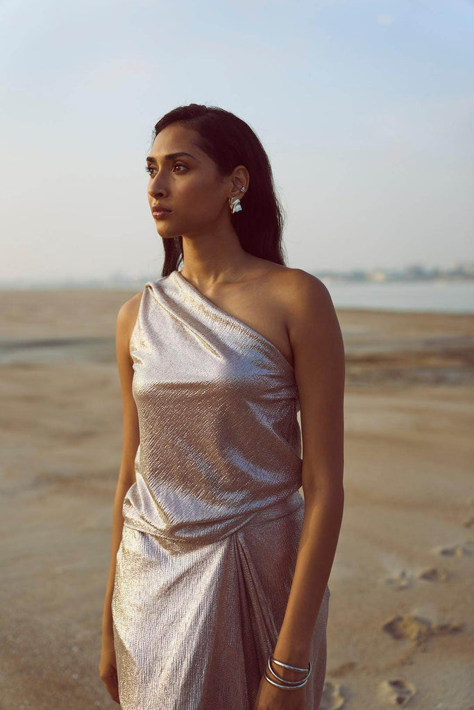 SHIMMER DRAPED SCARF TOP - dash and dot dash and dot