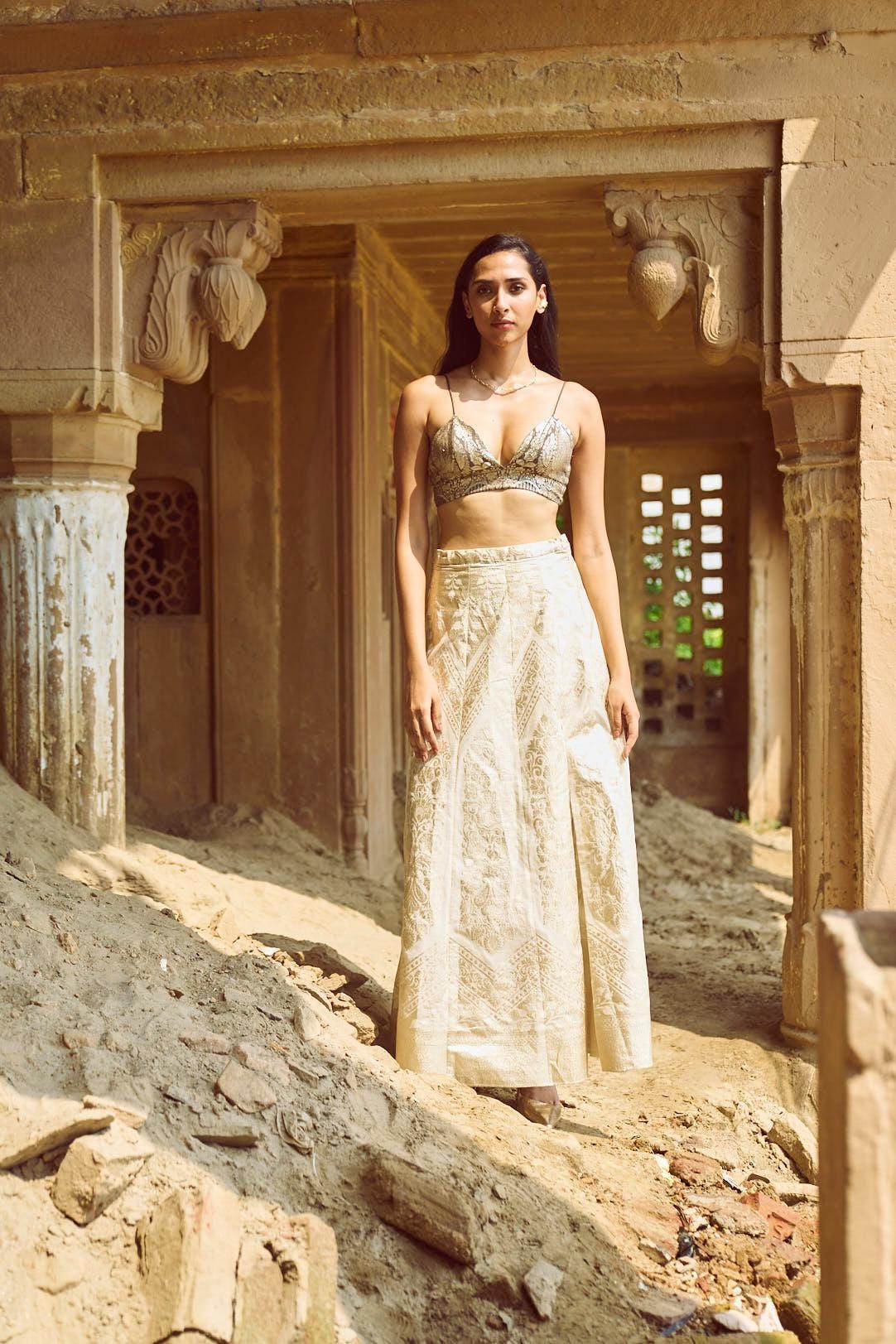 fitted lace wedding dress Brocade Bralette and Maxi Skirt Set M / XXS / Grey/ Ivory