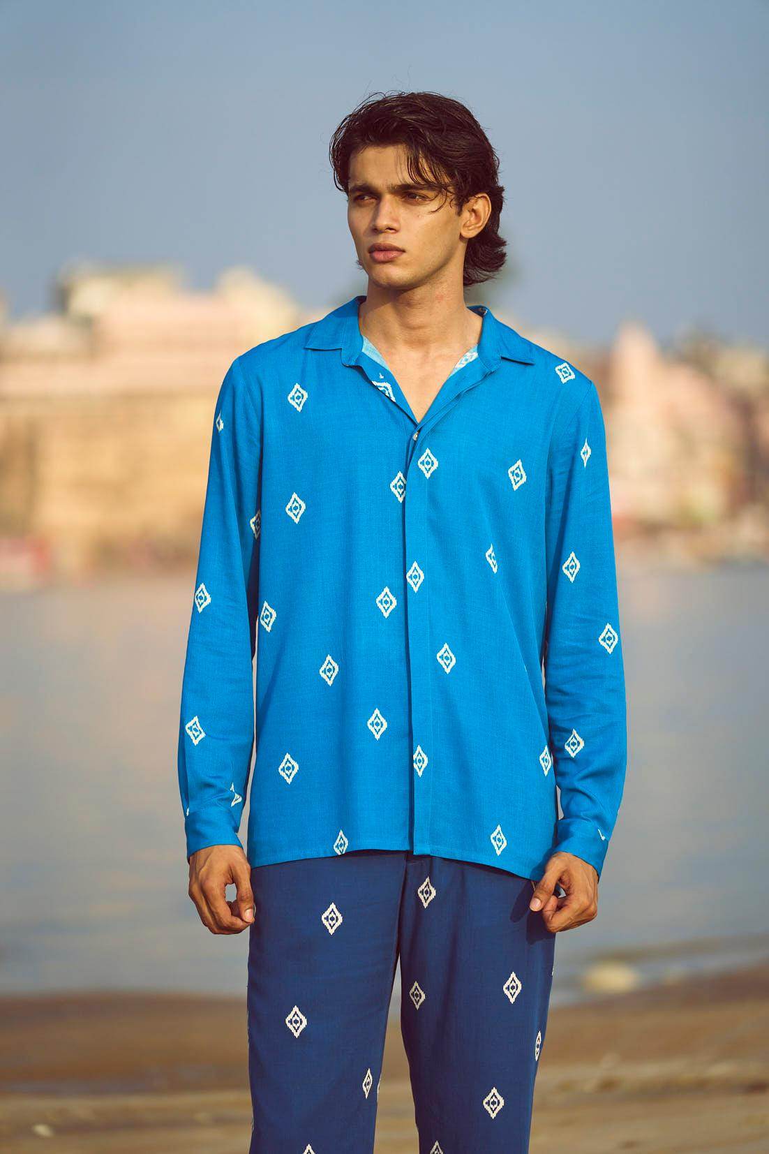 BLUE IKKAT PRINT SHIRT - dash and dot