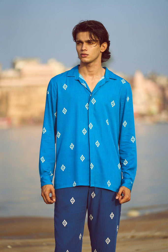 BLUE IKKAT PRINT SHIRT - dash and dot dash and dot