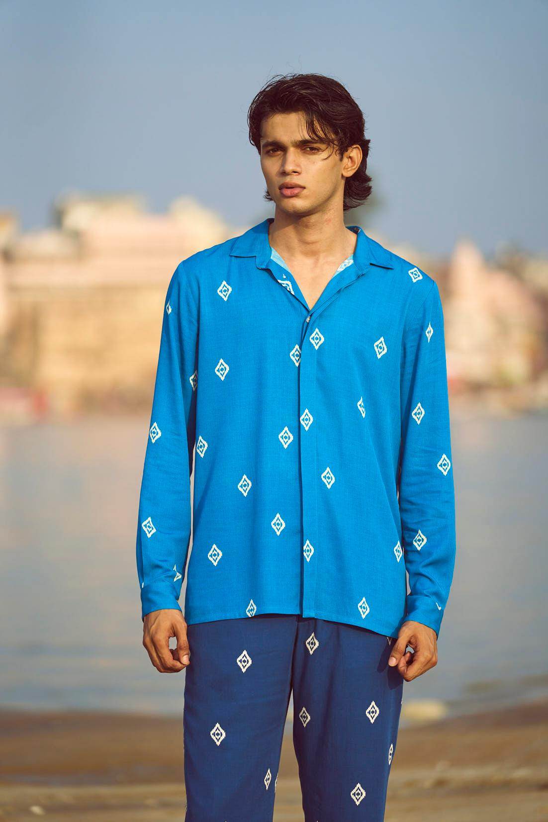 BLUE IKKAT PRINT SHIRT - dash and dot