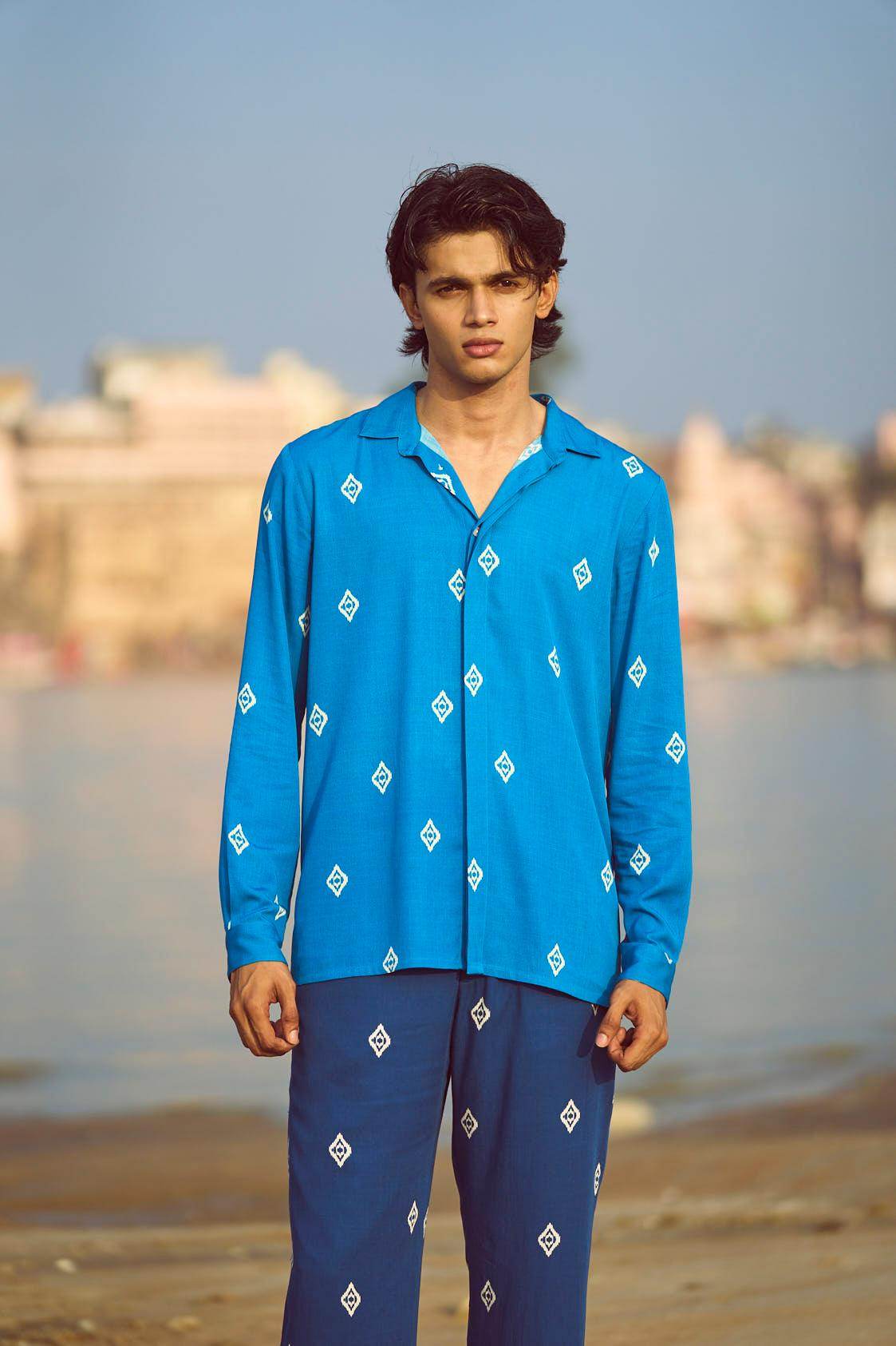 BLUE IKKAT PRINT SHIRT - dash and dot