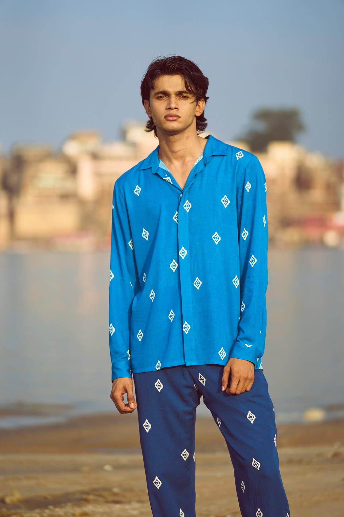 BLUE IKKAT PRINT SHIRT - dash and dot