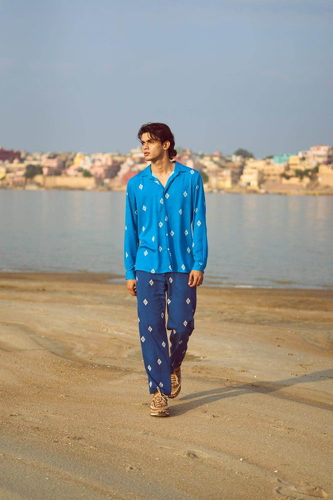 BLUE IKKAT PRINT SHIRT - dash and dot
