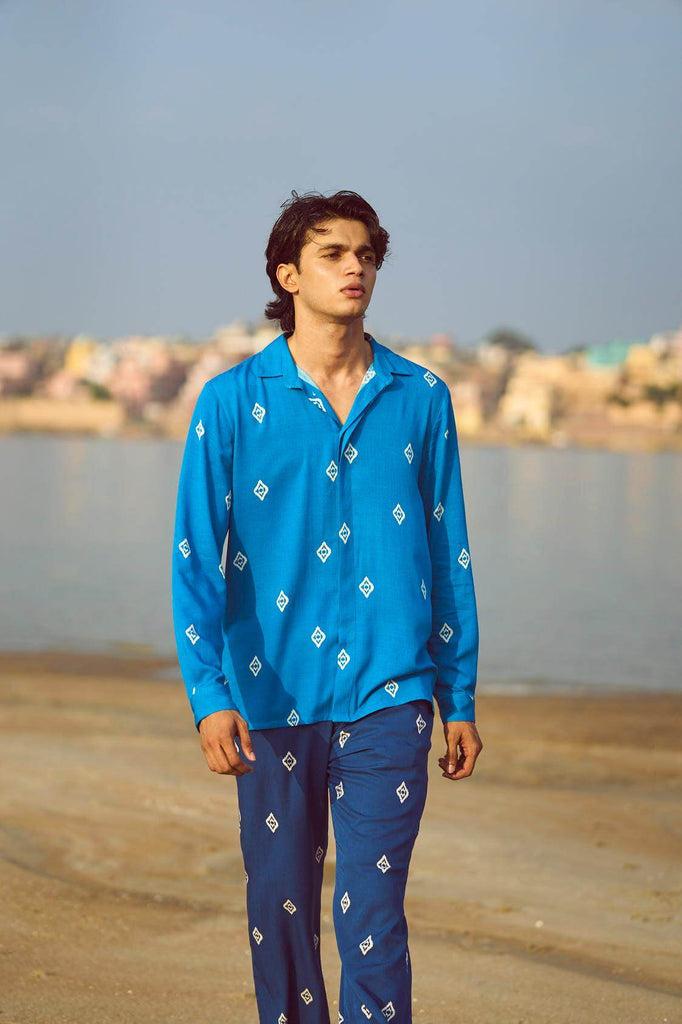 BLUE IKKAT PRINT SHIRT - dash and dot dash and dot