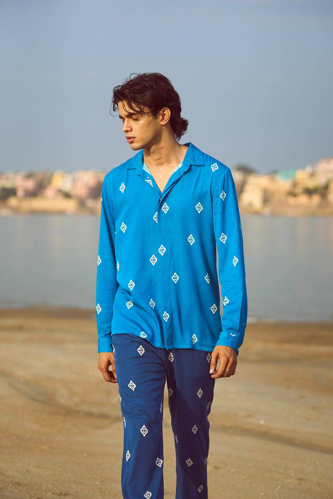 BLUE IKKAT PRINT SHIRT - dash and dot