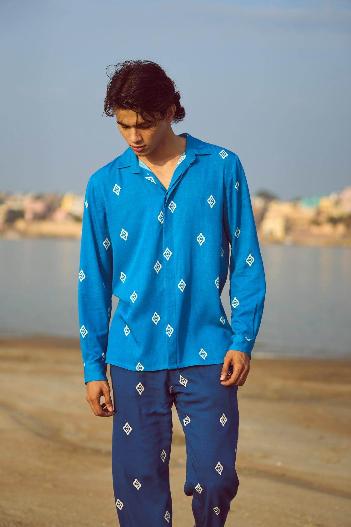 BLUE IKKAT PRINT SHIRT - dash and dot