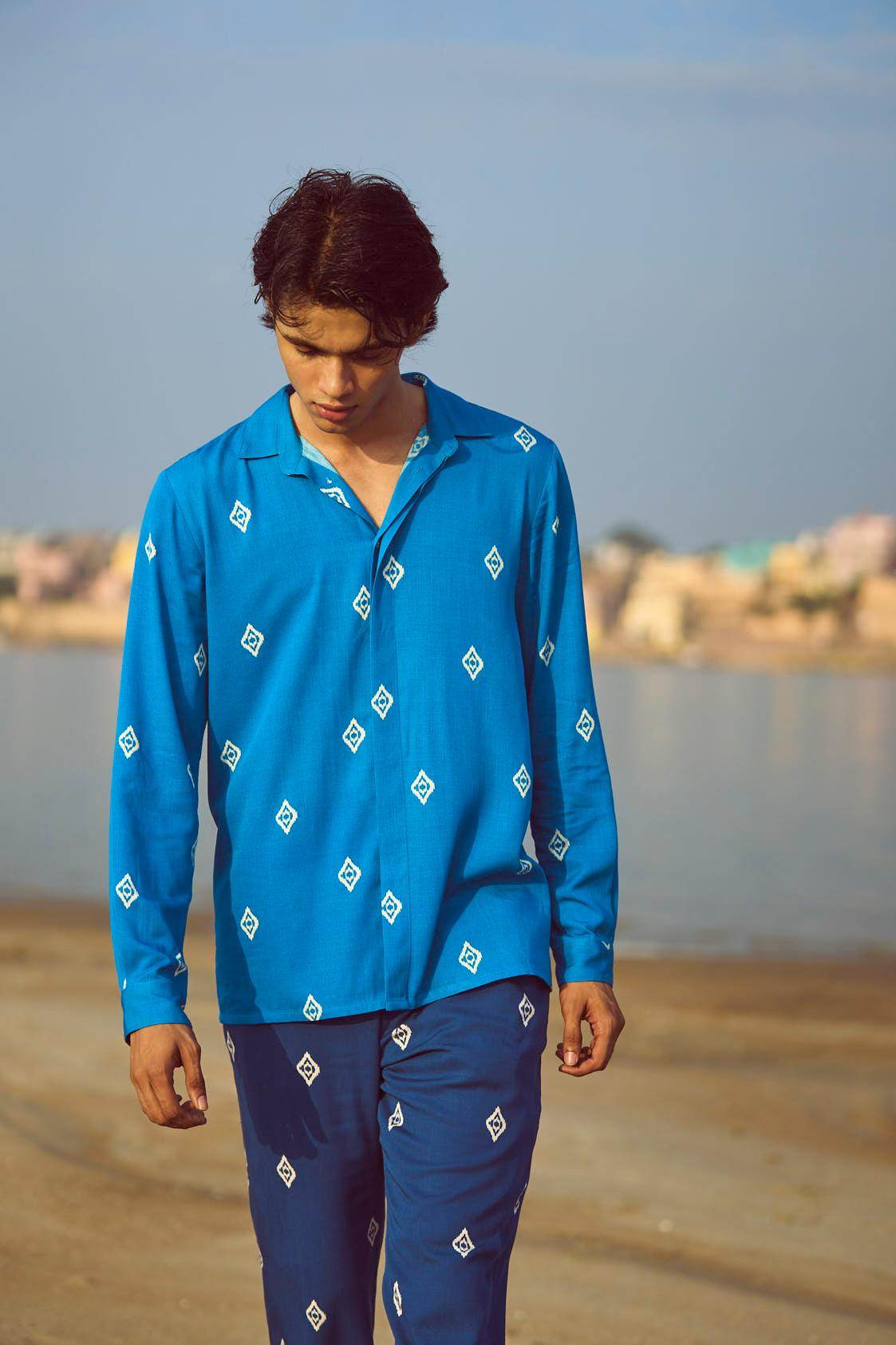BLUE IKKAT PRINT SHIRT - dash and dot