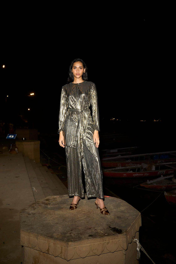 PLEATED LAMÉ PANT - dash and dot dash and dot