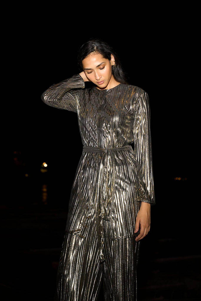 PLEATED LAMÉ PANT - dash and dot dash and dot