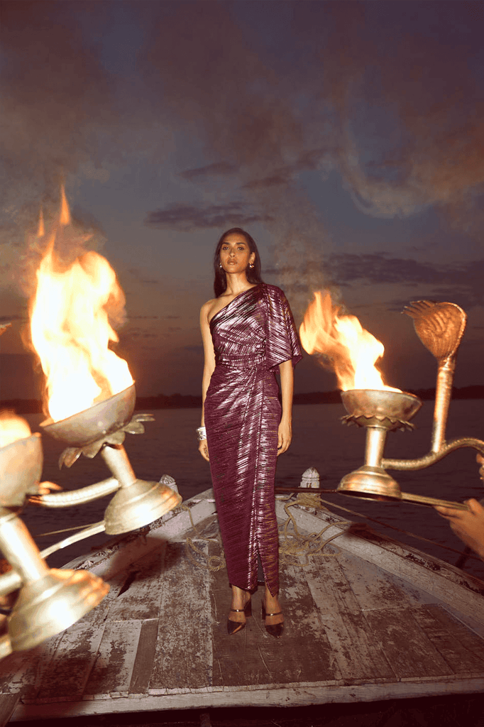 SINGLE SLEEVE FOIL PLEATED DRESS - dash and dot dash and dot