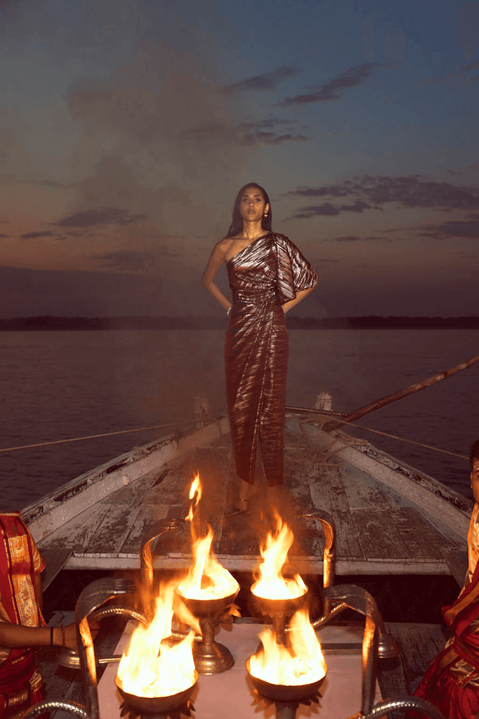 SINGLE SLEEVE FOIL PLEATED DRESS - dash and dot dash and dot