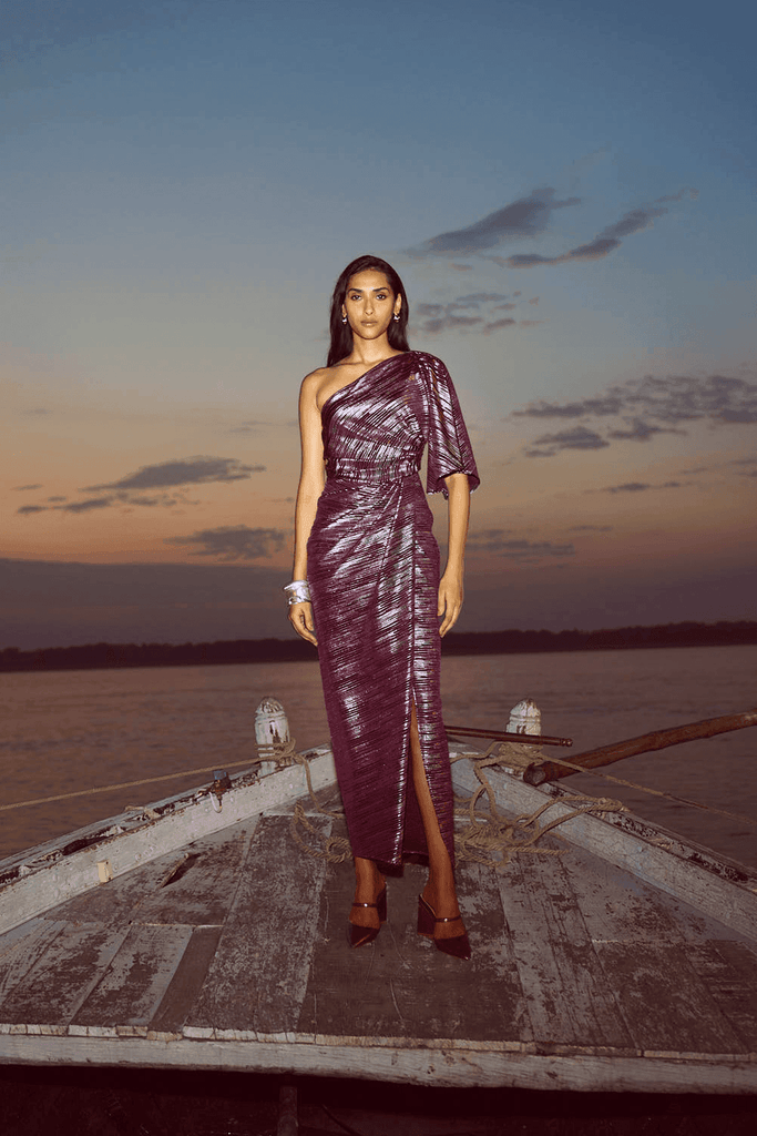 SINGLE SLEEVE FOIL PLEATED DRESS - dash and dot dash and dot