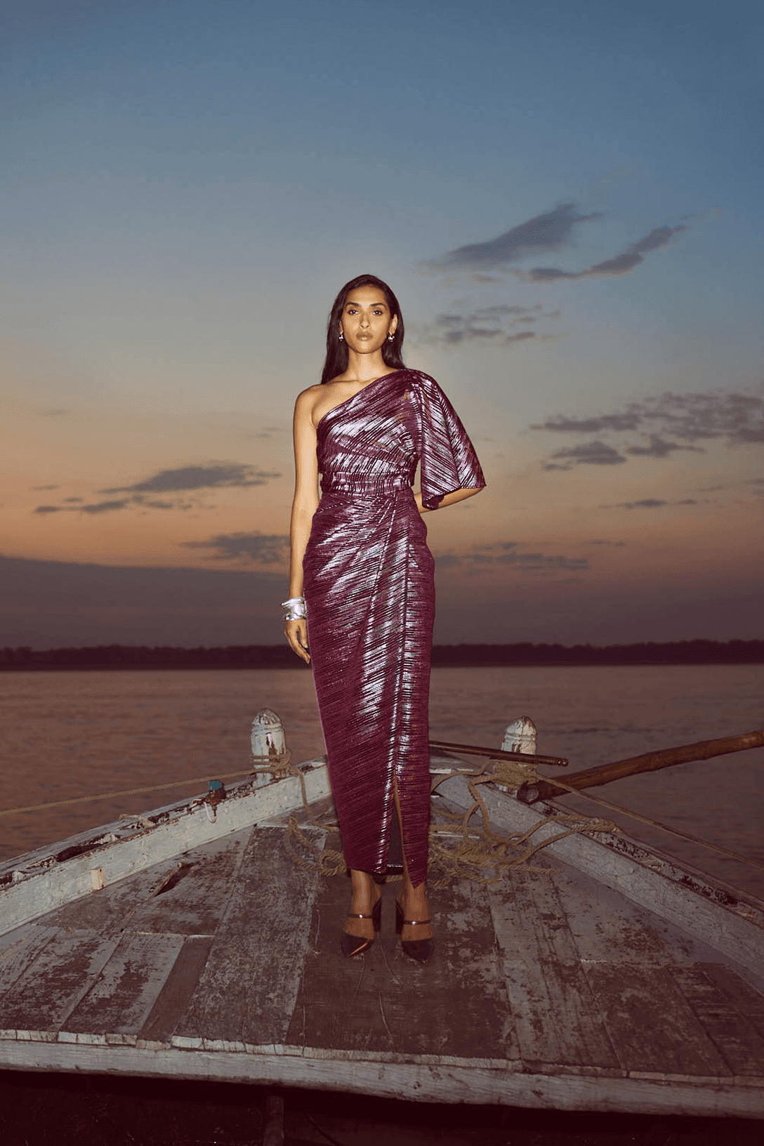 pleated foil dress Dramatic Ruffle Edge Convertible Strap Metallic Pleated Maxi Bridesmaid  Dress With Floral Gold Foil Print In Pink Gold Foil