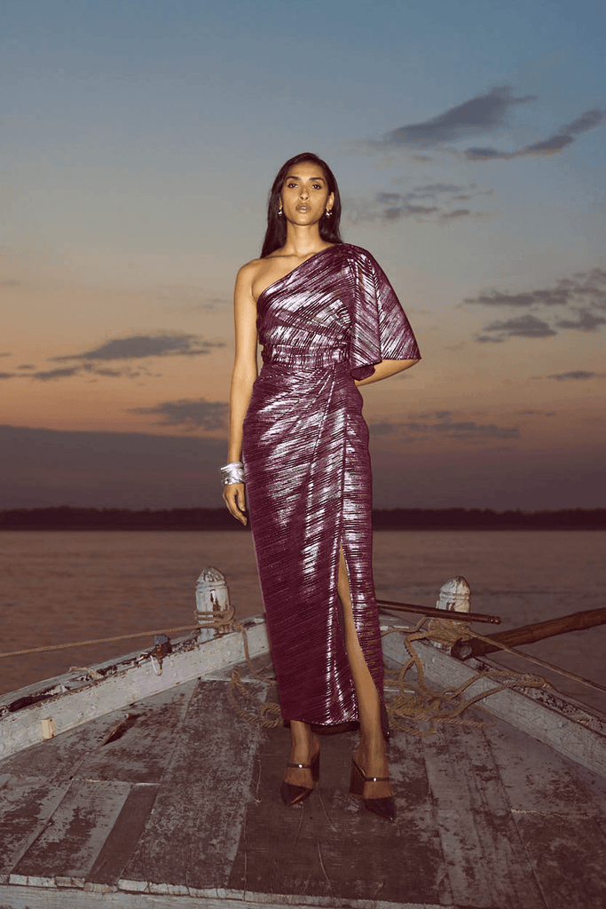 SINGLE SLEEVE FOIL PLEATED DRESS - dash and dot dash and dot