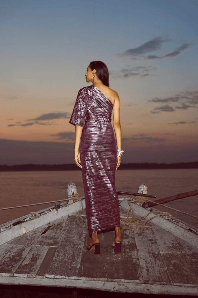 SINGLE SLEEVE FOIL PLEATED DRESS - dash and dot dash and dot