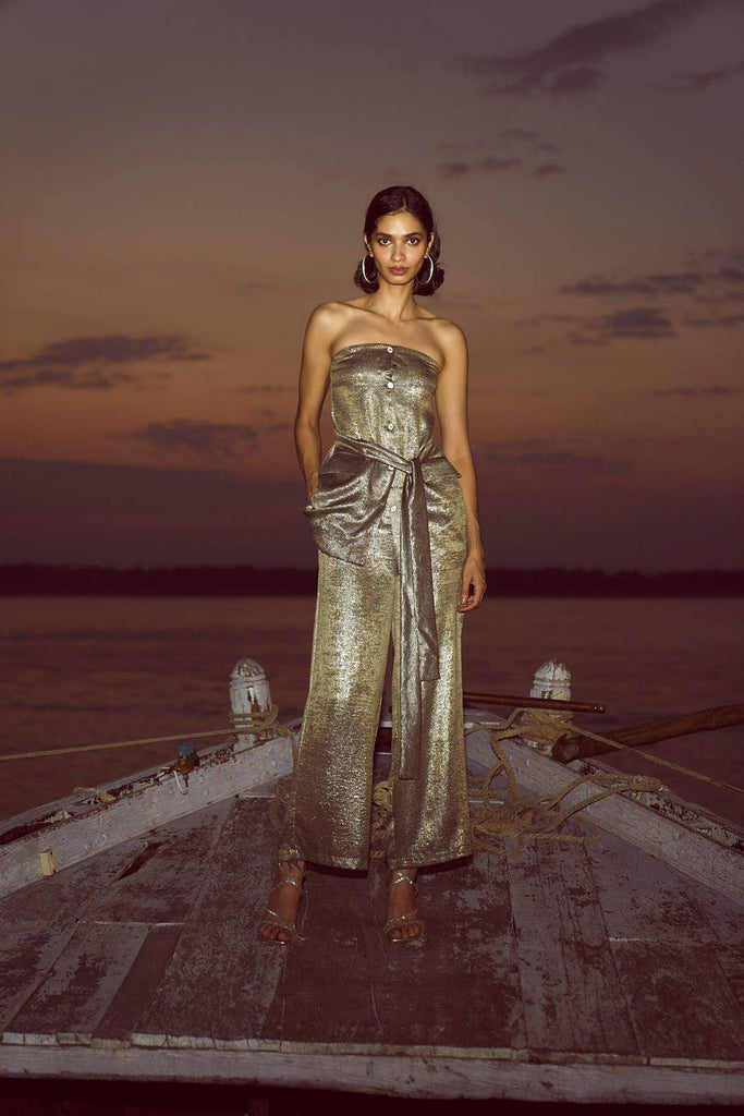 OFF-SHOULDER LAMÉ PANT SET - dash and dot dash and dot