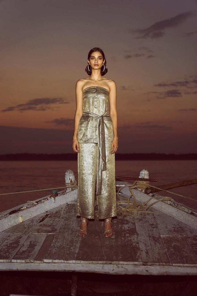 OFF-SHOULDER LAMÉ PANT SET - dash and dot dash and dot