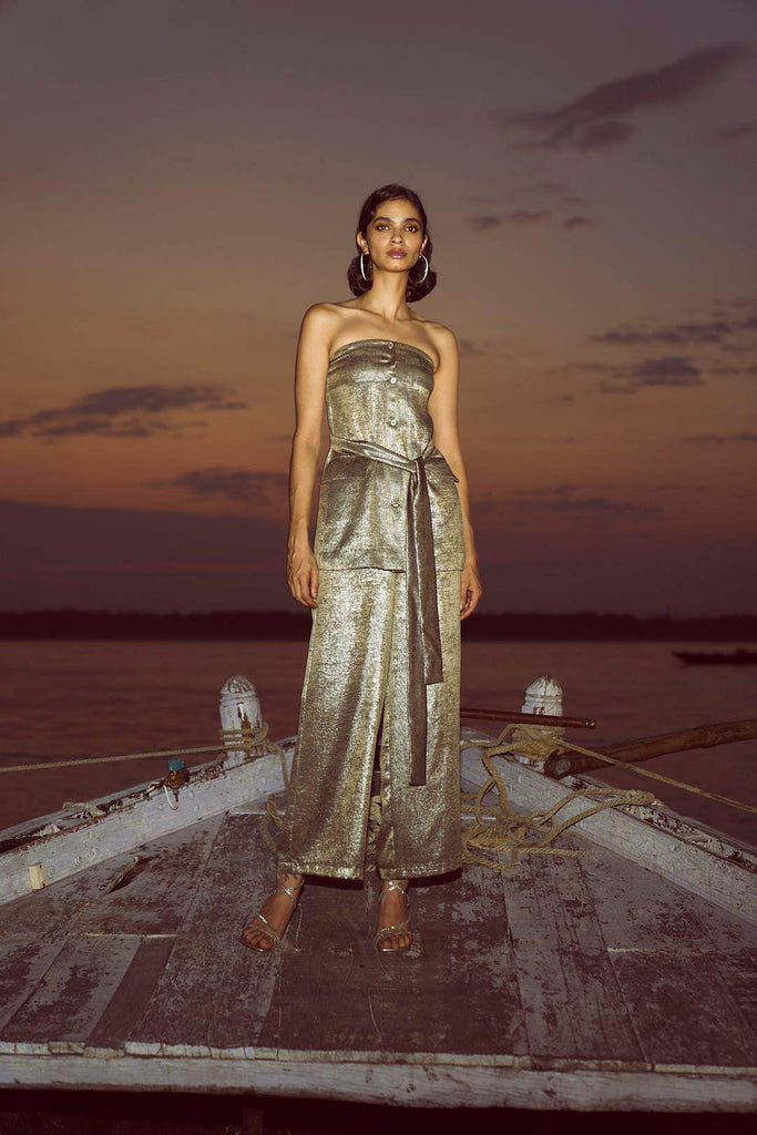 OFF-SHOULDER LAMÉ PANT SET - dash and dot dash and dot