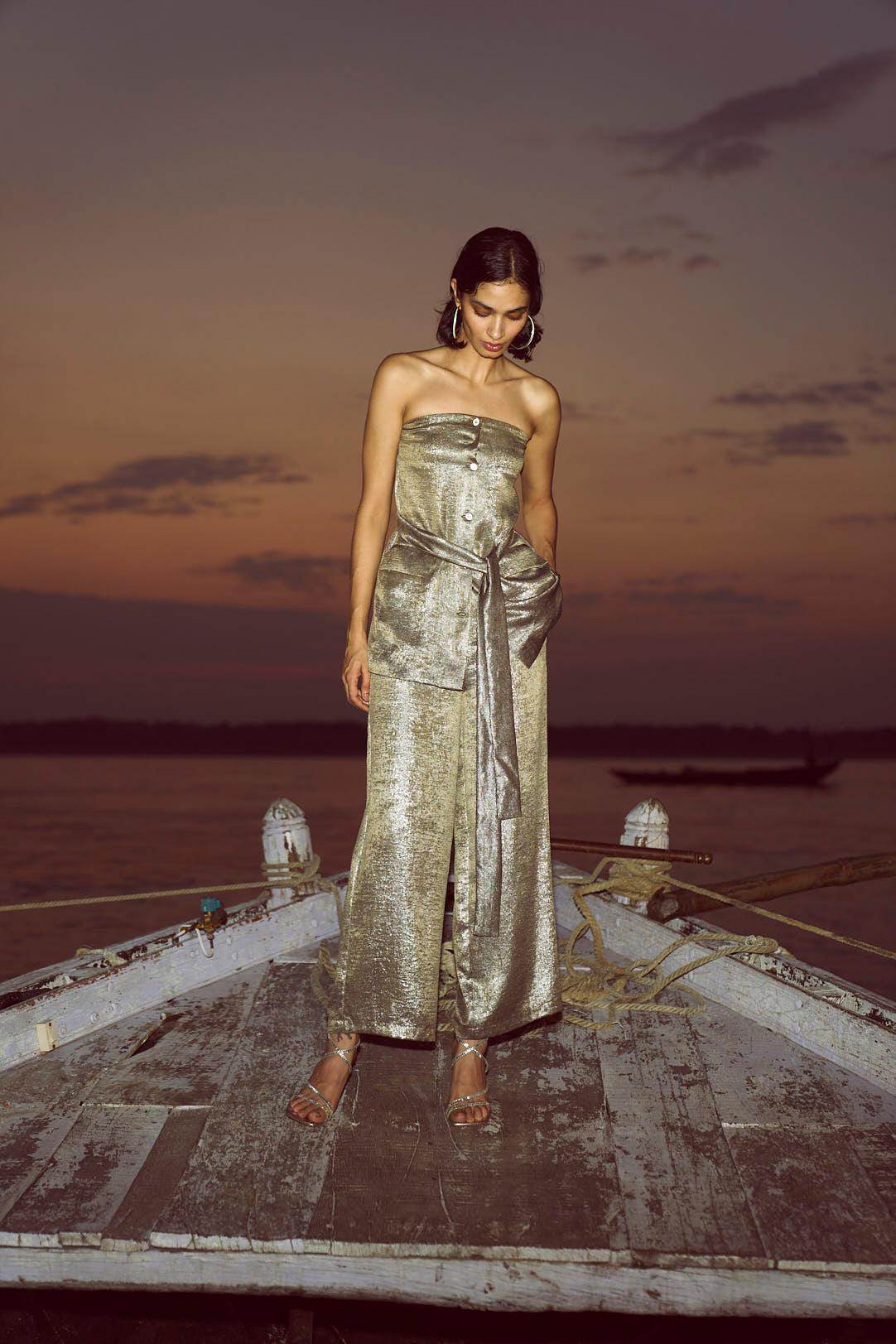 OFF-SHOULDER LAMÉ PANT SET - dash and dot