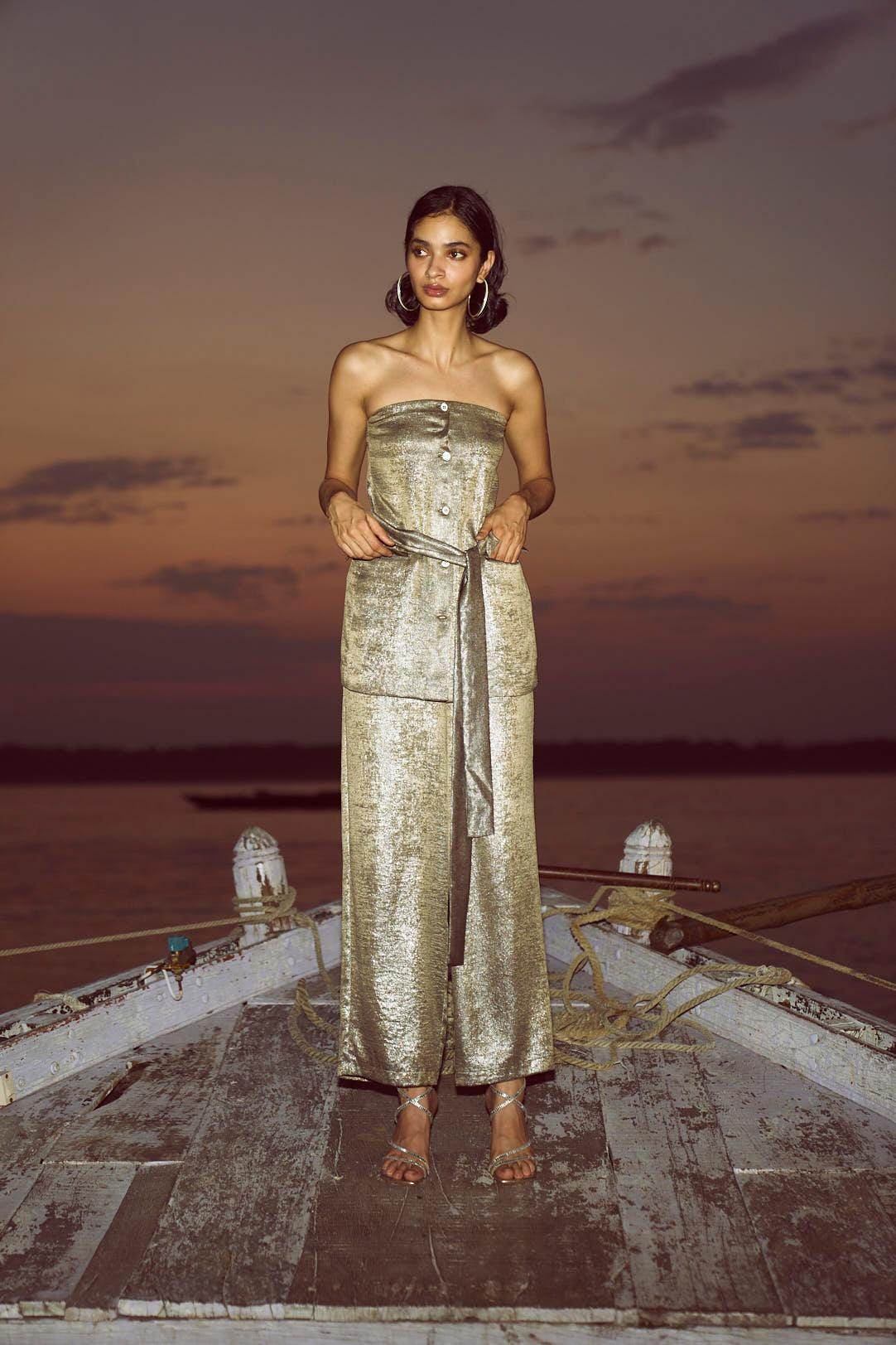 OFF-SHOULDER LAMÉ PANT SET - dash and dot