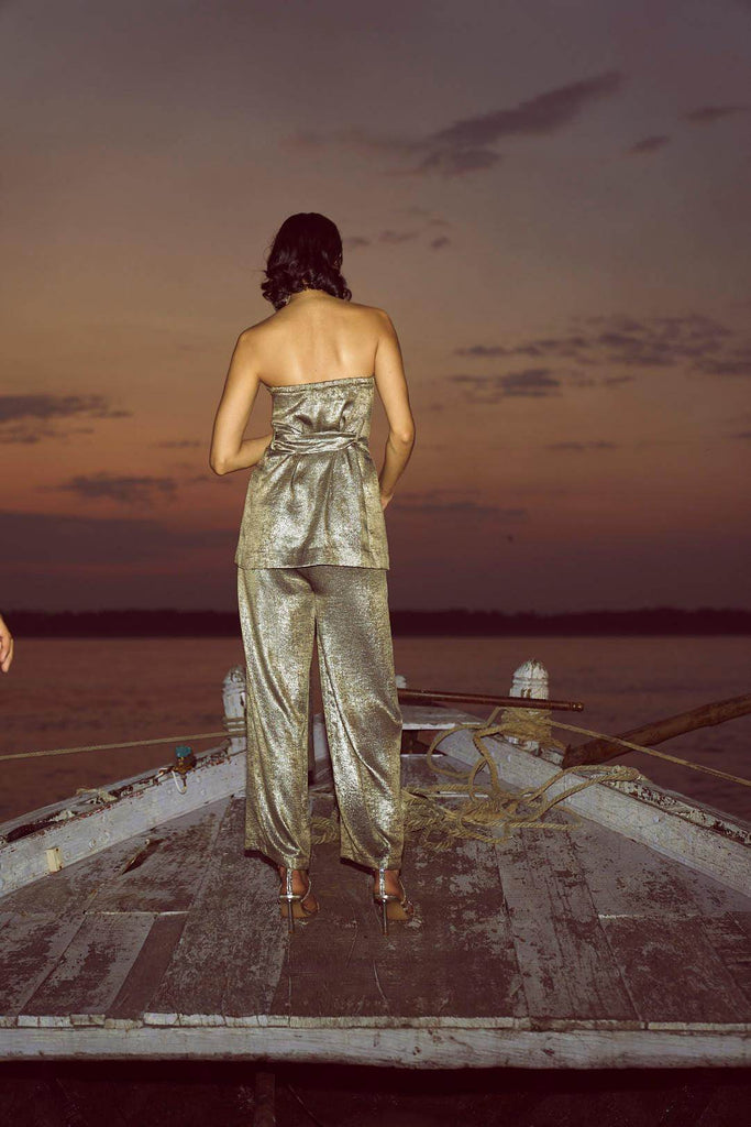 OFF-SHOULDER LAMÉ PANT SET - dash and dot dash and dot