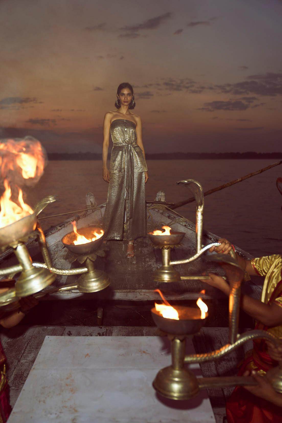 OFF-SHOULDER LAMÉ PANT SET - dash and dot