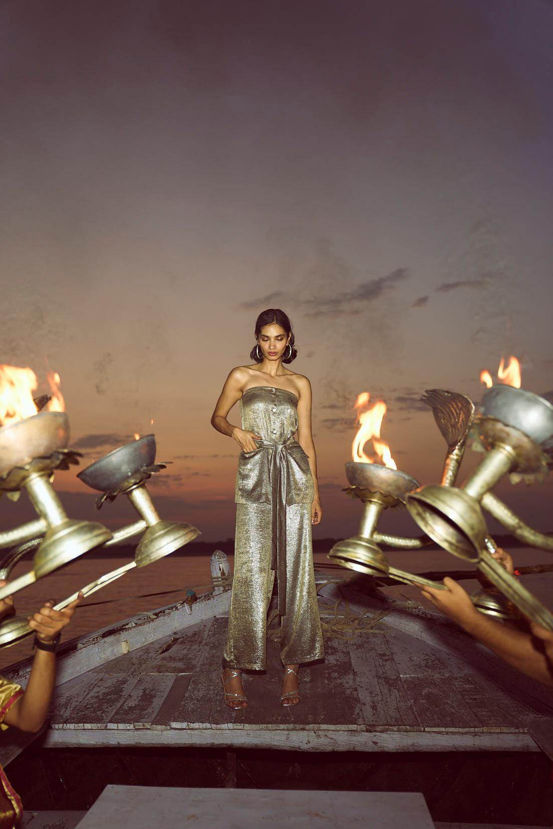 OFF-SHOULDER LAMÉ PANT SET - dash and dot