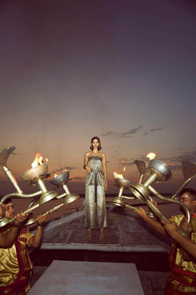 OFF-SHOULDER LAMÉ PANT SET - dash and dot dash and dot