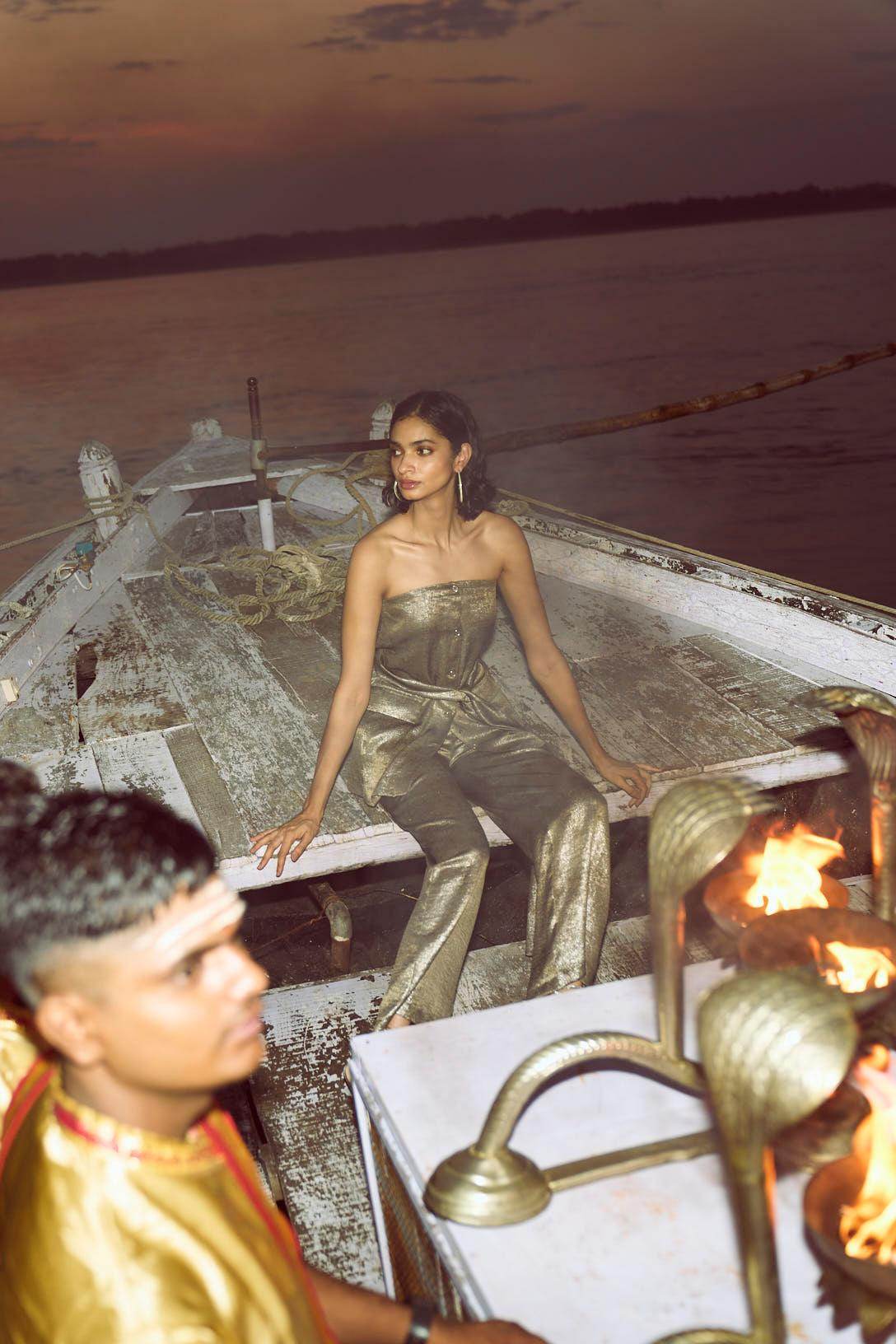 OFF-SHOULDER LAMÉ PANT SET - dash and dot