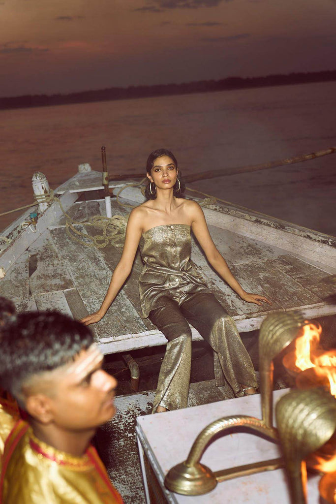 OFF-SHOULDER LAMÉ PANT SET - dash and dot dash and dot