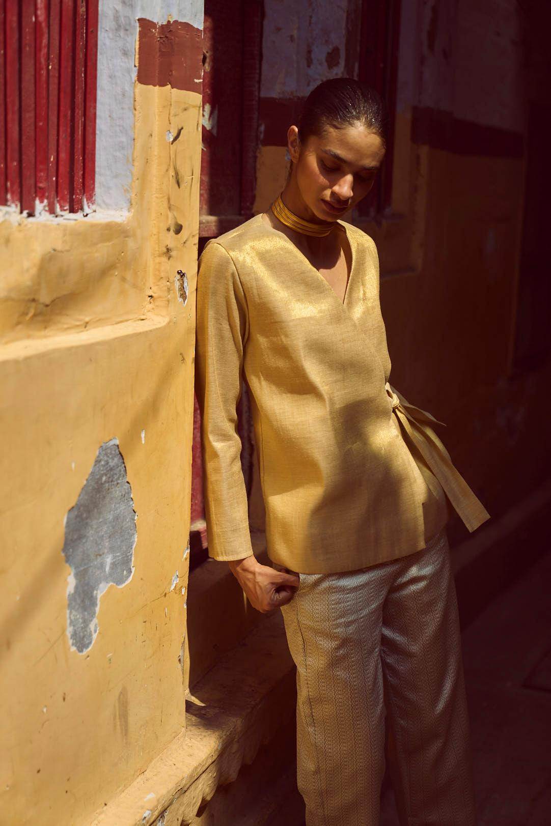 SHIMMER WRAP TOP & BROCADE PANT SET - dash and dot