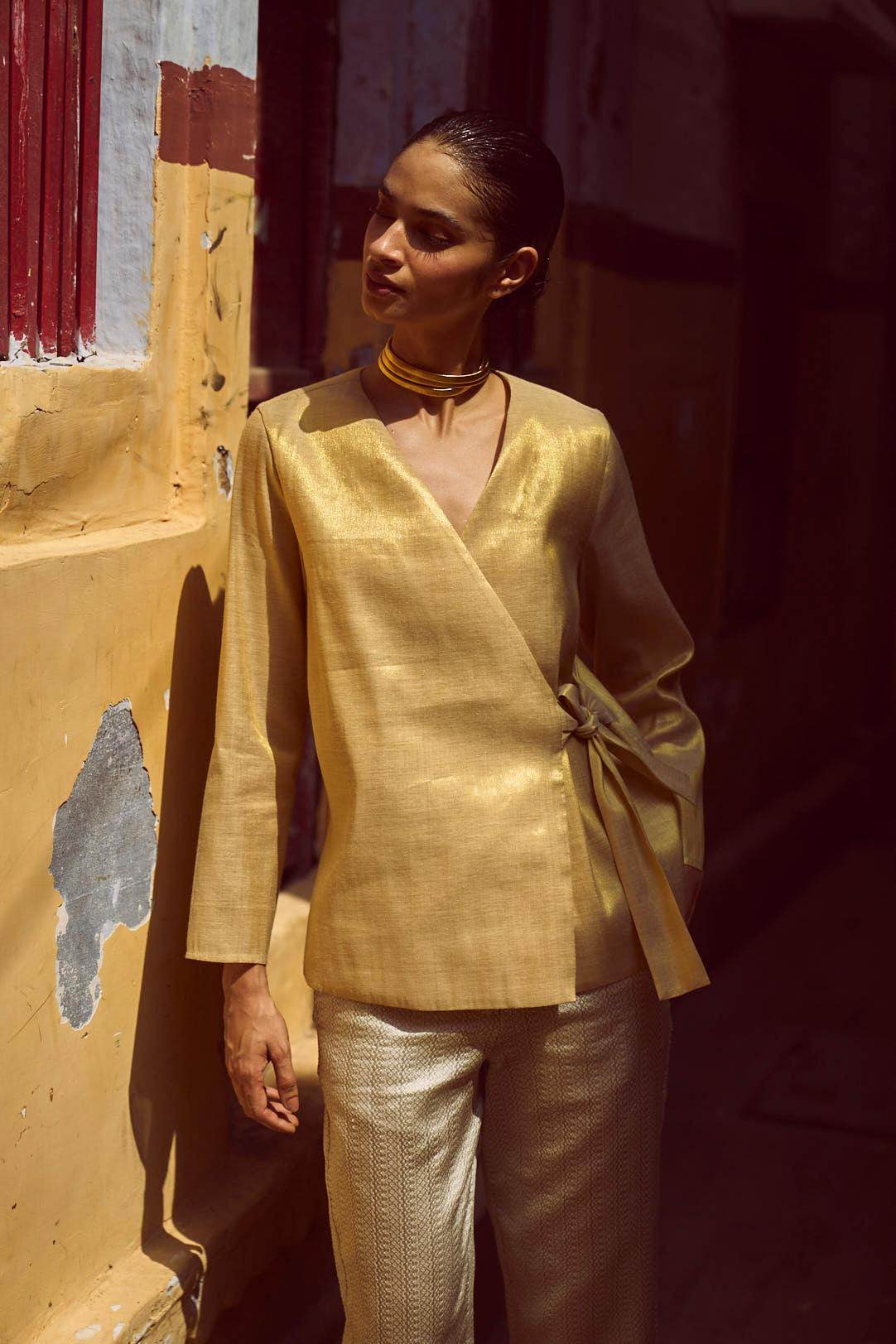 SHIMMER WRAP TOP & BROCADE PANT SET - dash and dot