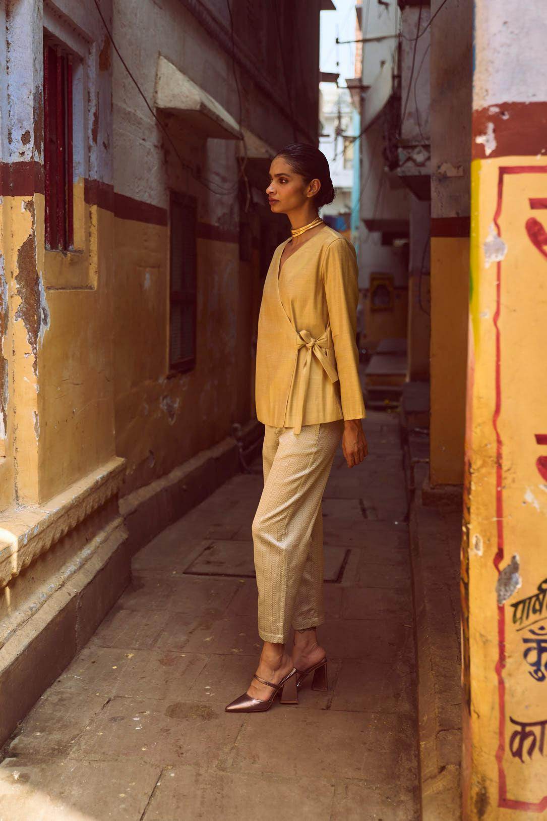 SHIMMER WRAP TOP & BROCADE PANT SET - dash and dot