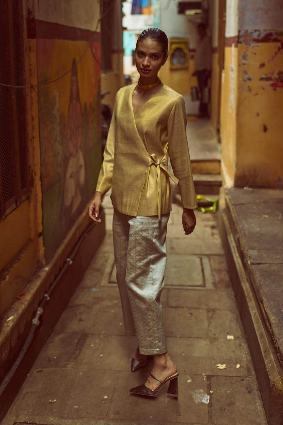 SHIMMER WRAP TOP & BROCADE PANT SET - dash and dot