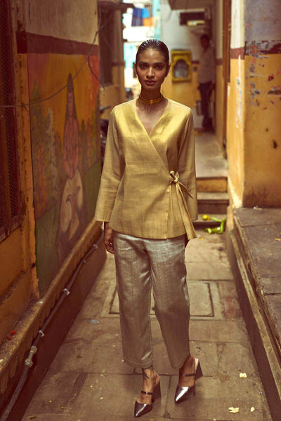 SHIMMER WRAP TOP & BROCADE PANT SET - dash and dot