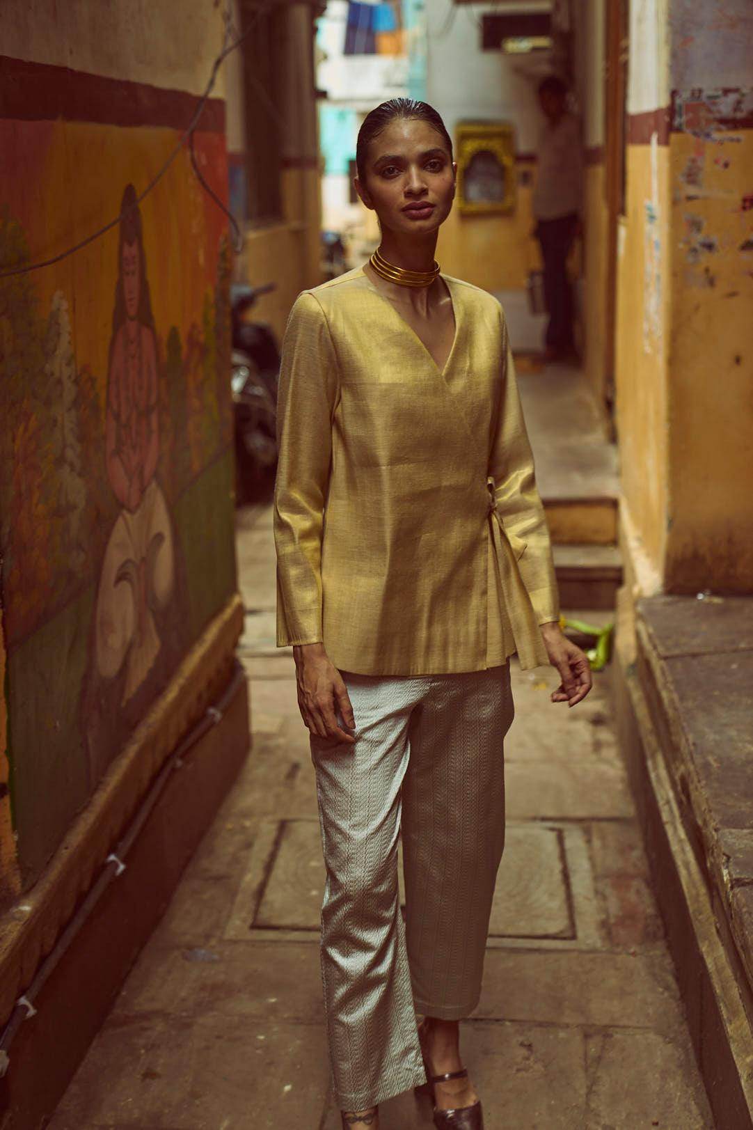 SHIMMER WRAP TOP & BROCADE PANT SET - dash and dot