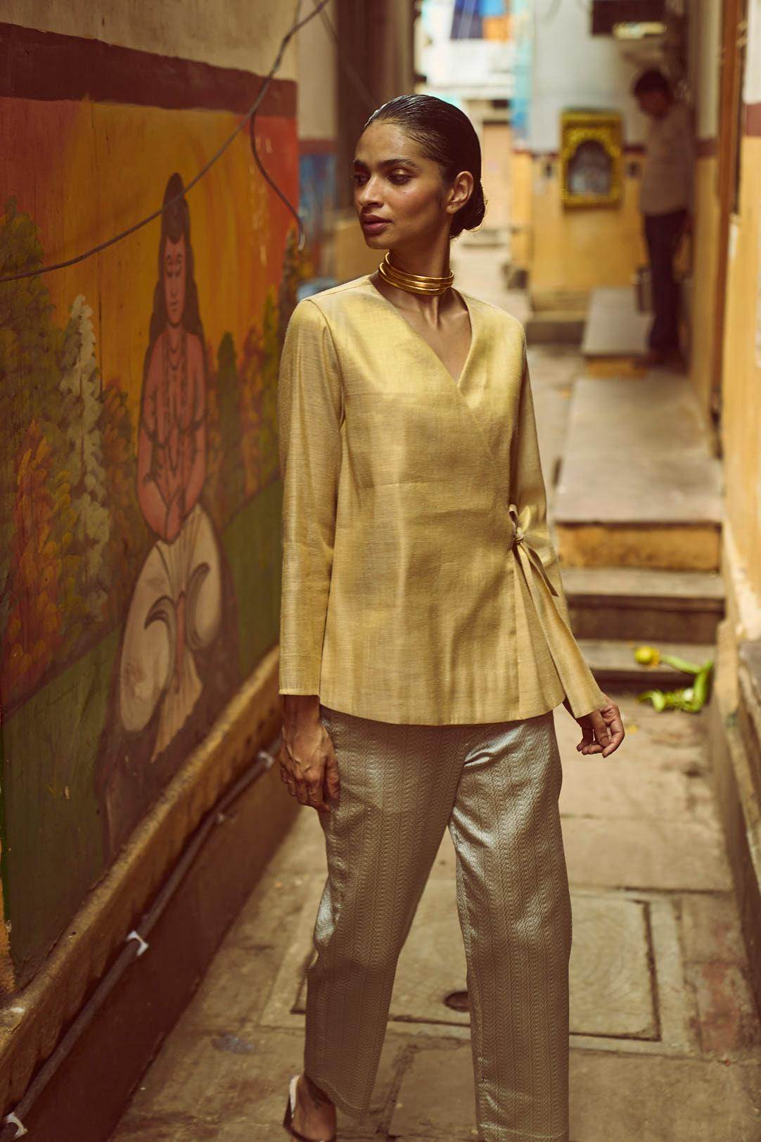 SHIMMER WRAP TOP & BROCADE PANT SET - dash and dot