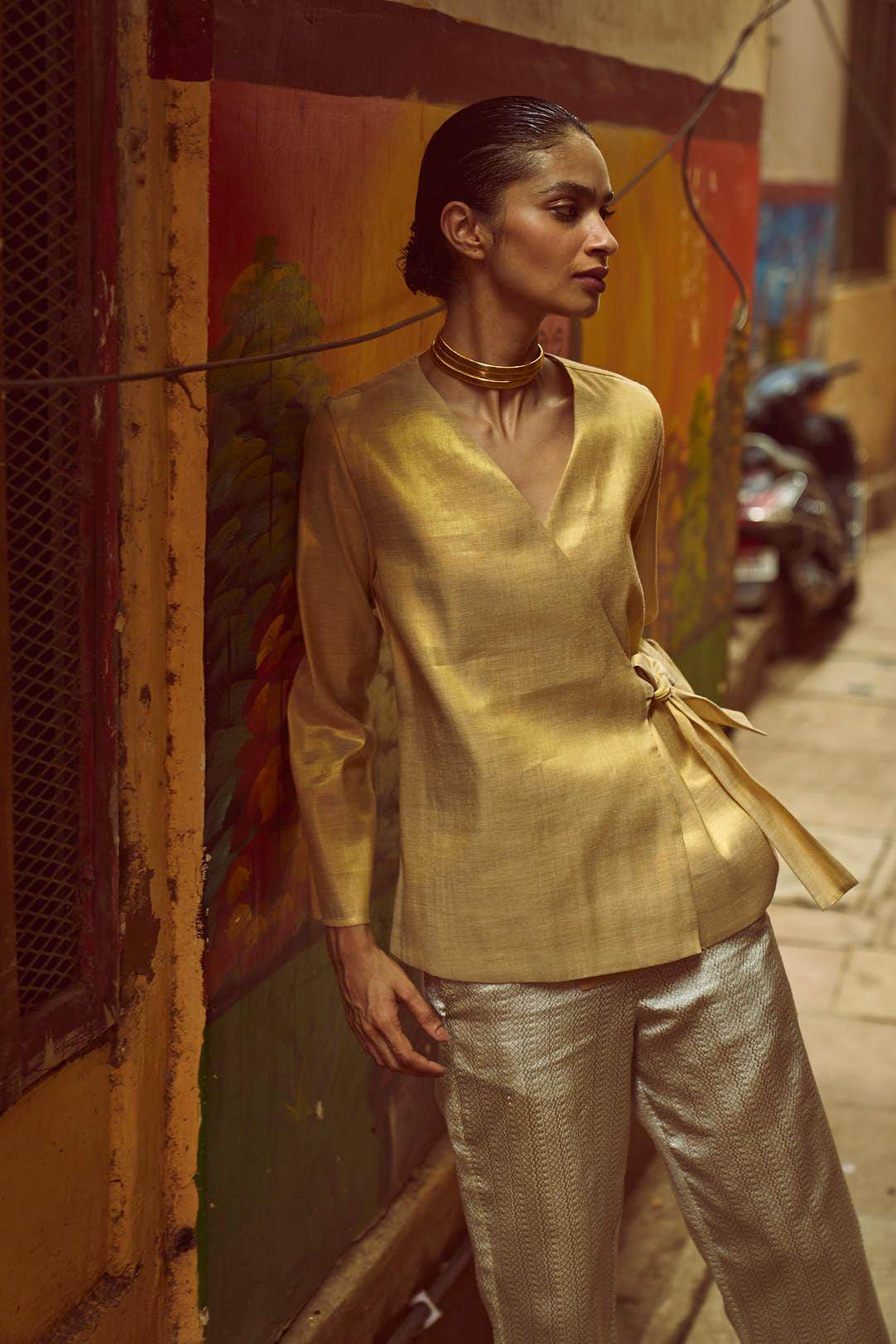 SHIMMER WRAP TOP & BROCADE PANT SET - dash and dot