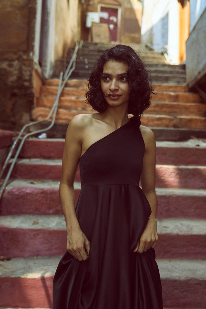 ONE SHOULDER FIT & FLARE GOWN - dash and dot dash and dot