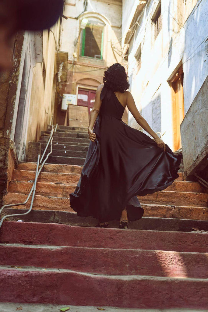 ONE SHOULDER FIT & FLARE GOWN - dash and dot dash and dot