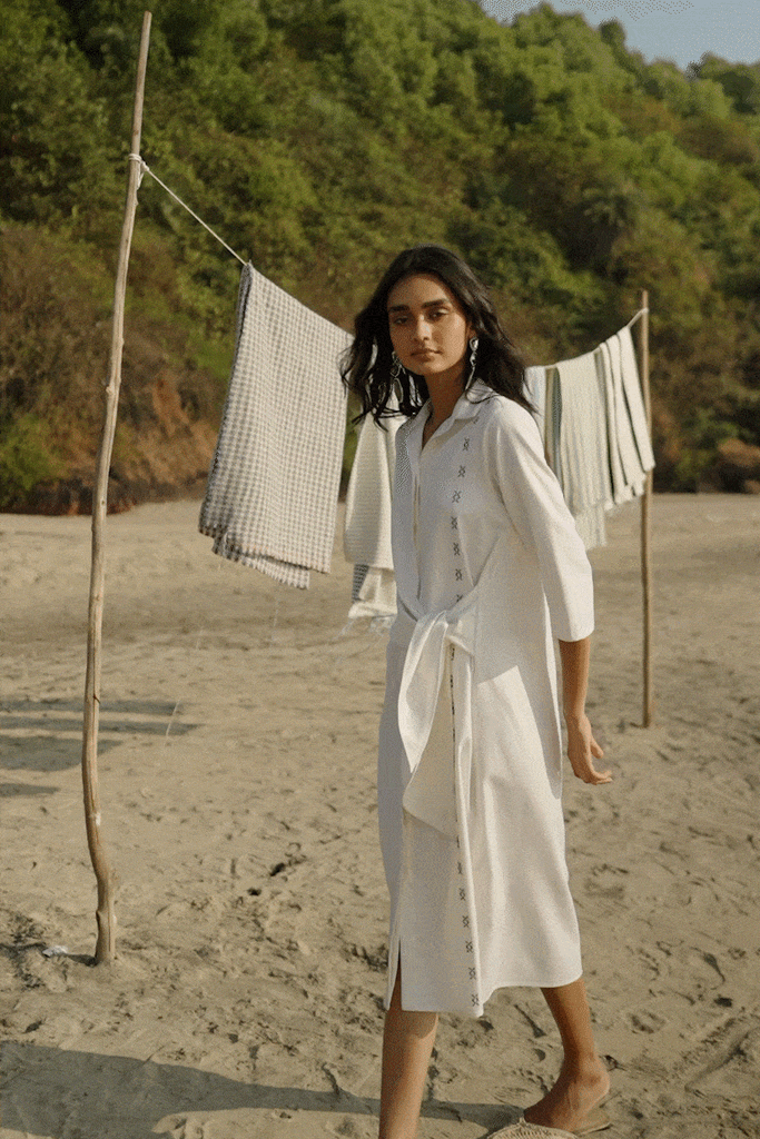 SIDE TIE CROSS STITCHED SHIRT DRESS - dash and dot dash and dot