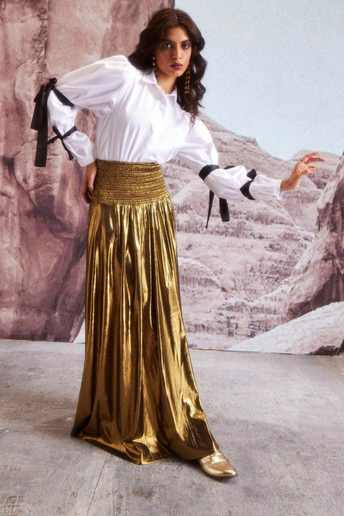 FIT & FLARE GOLD SKIRT - dash and dot dash and dot