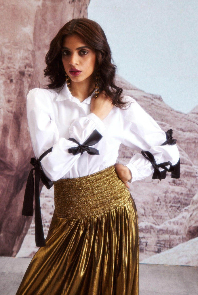 FIT & FLARE GOLD SKIRT - dash and dot dash and dot