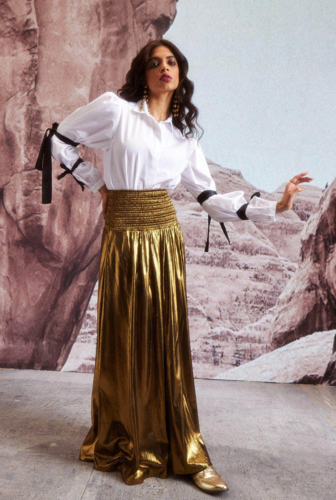 FIT & FLARE GOLD SKIRT - dash and dot dash and dot