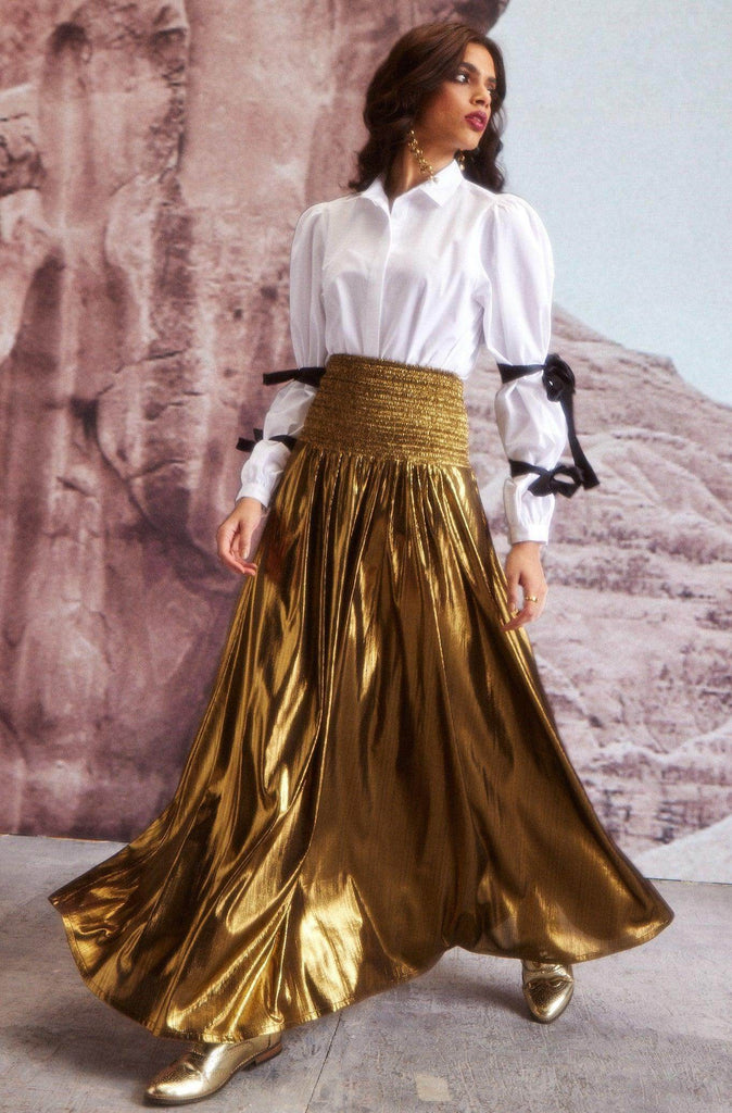 FIT & FLARE GOLD SKIRT - dash and dot dash and dot