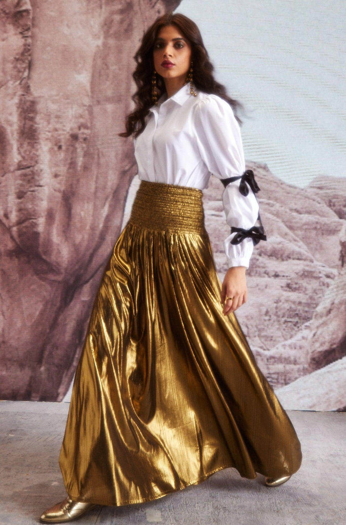 FIT & FLARE GOLD SKIRT - dash and dot dash and dot