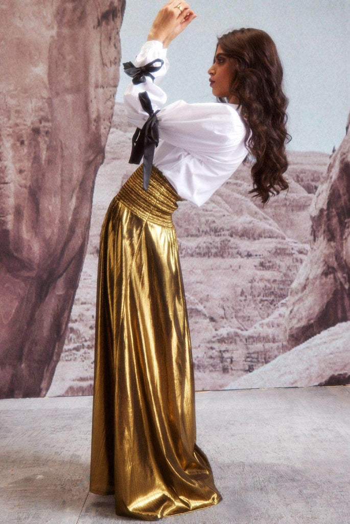 FIT & FLARE GOLD SKIRT - dash and dot dash and dot