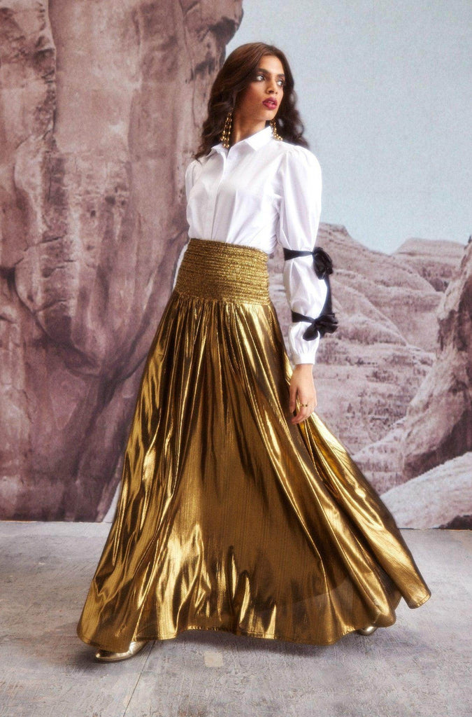 FIT & FLARE GOLD SKIRT - dash and dot dash and dot
