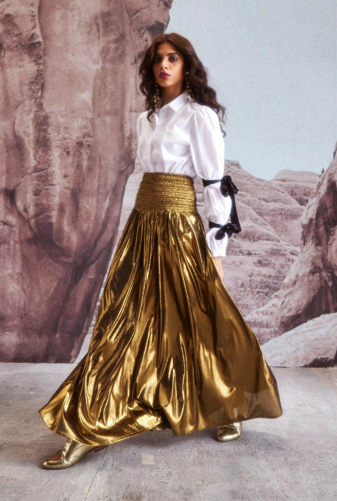 FIT & FLARE GOLD SKIRT - dash and dot dash and dot